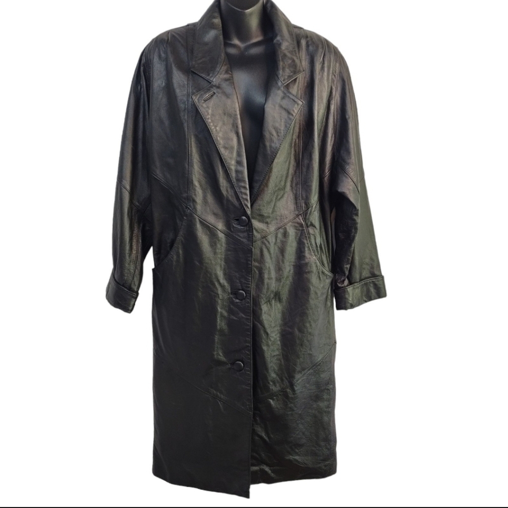 Vintage Maurices Women's Black Genuine Leather Trench Coat Size XS
